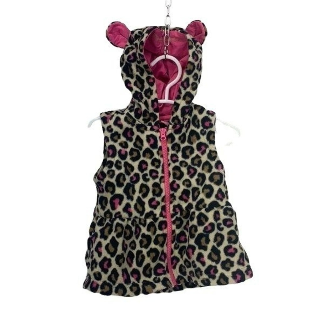 The Childrens Place Baby Girls Leopard Print Fleece Hooded Vest Pink Ears 6-9M